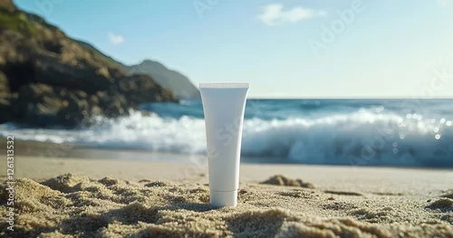 Fototapeta samoprzylepna White Sunscreen Tube on the Beach, Close-Up, Product Photography with Sunny Blue Sea Background