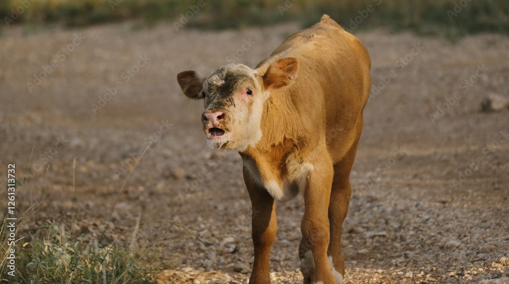 Fototapeta premium Calf on Texas ranch mooing closeup outside looking cute. Beef agriculture concept.