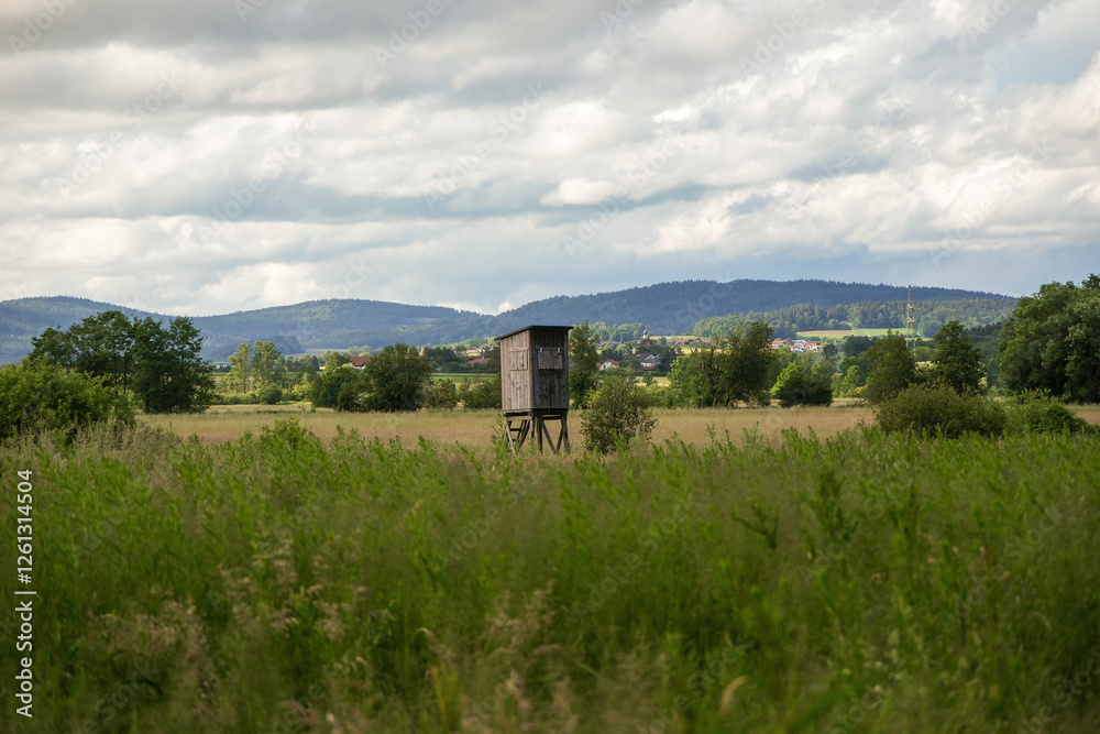 Hunter's Tower in a Bavarian Field Surrounded by Scenic Nature Hunter's Tower in a Bavarian Field Surrounded by Scenic Nature