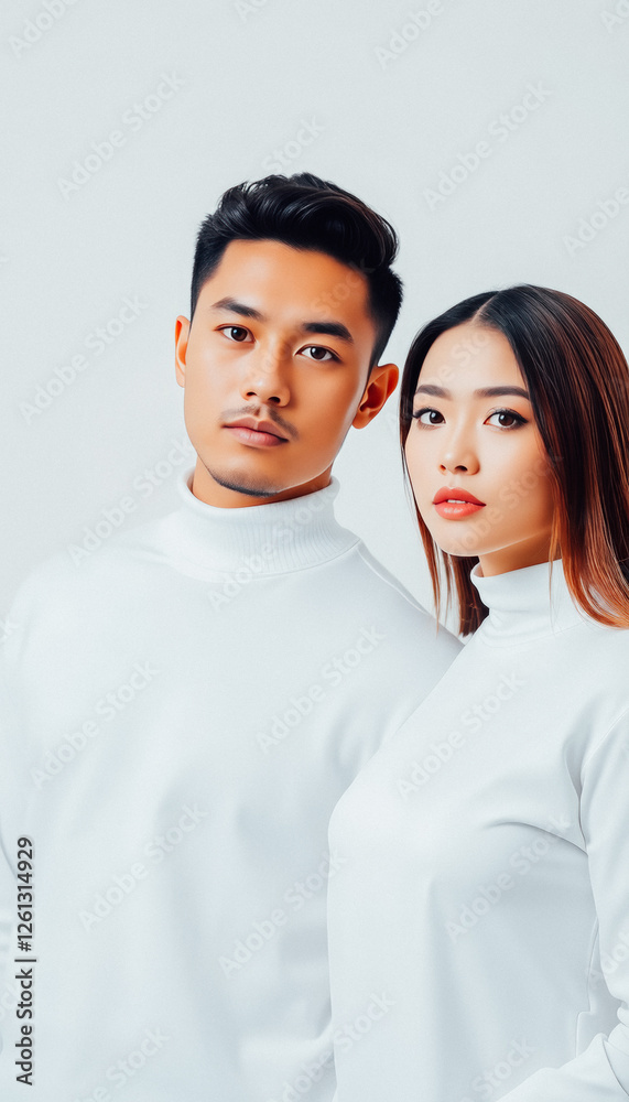 A young couple dressed in white, standing together with a warm and loving gaze, perfect for Valentine's Day romance themes. A young couple dressed in white, standing together with a warm and loving gaze, perfect for Valentine's Day romance themes.