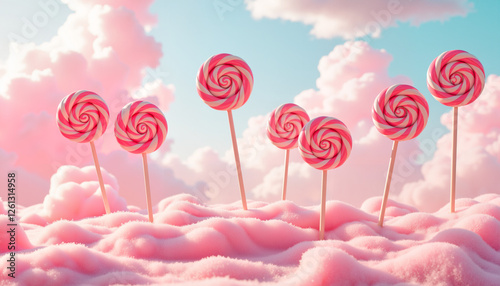 Giant swirled lollipops rising among fluffy clouds, whimsical sweetness