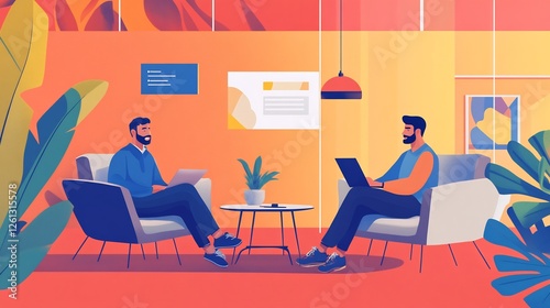 Startup founder passionately discussing business growth ideas with a mentor in a modern co working space concept of mentorship vibrant colors