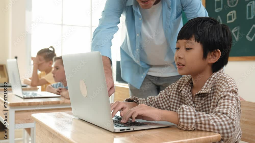 Caucasian teacher helping asian student coding engineering prompt while diverse student using software generated AI. Smart happy attractive children sitting and programing system. Education. Pedagogy. Caucasian teacher helping asian student coding engineering prompt while diverse student using software generated AI. Smart happy attractive children sitting and programing system. Education. Pedagogy.