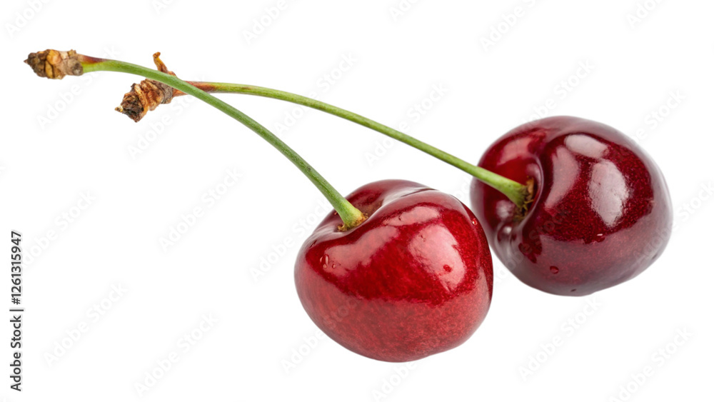 wo ripe cherries shown against a white background. The fruit is red and glossy, with long green stems still attached, adding a natural touch. Perfect for food, fruit, or healthy lifestyle designs. wo ripe cherries shown against a white background. The fruit is red and glossy, with long green stems still attached, adding a natural touch. Perfect for food, fruit, or healthy lifestyle designs.