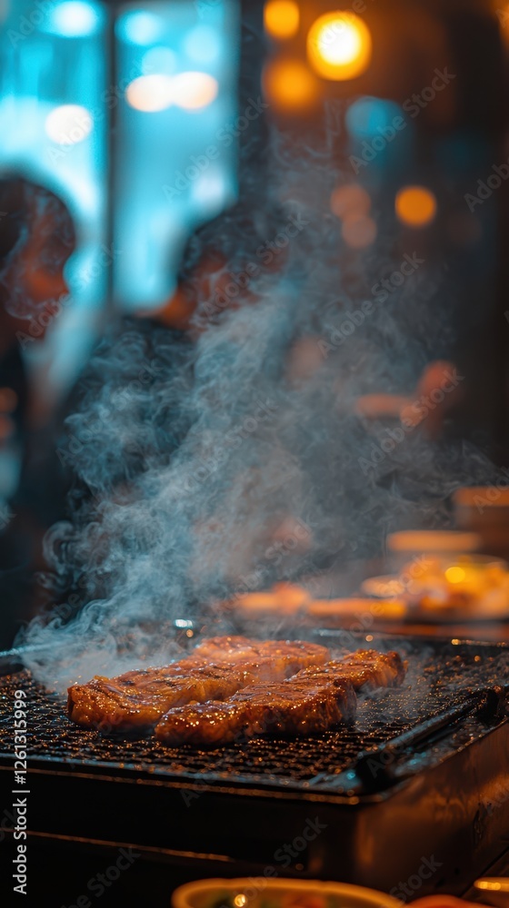 Grilled steak delight with inviting smoky ambiance Grilled steak delight with inviting smoky ambiance