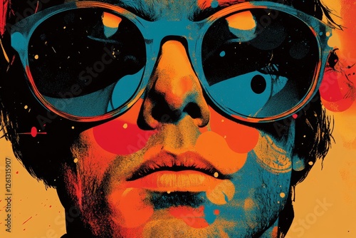 Colorful portrait, man sunglasses, cosmic background, album art
