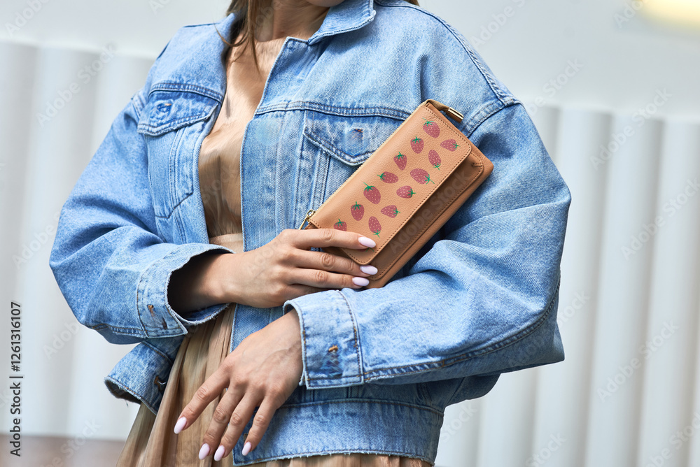 Fashionable denim jacket and unique printed clutch in woman's hand, stylish accessory look concept