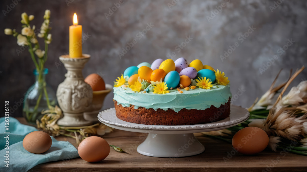 Easter cake with flowers and eggs on festive Easter table. Easter celebration at home, gray background