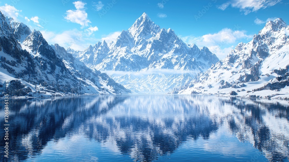 Snowy mountain reflected in calm lake; winter landscape Snowy mountain reflected in calm lake; winter landscape