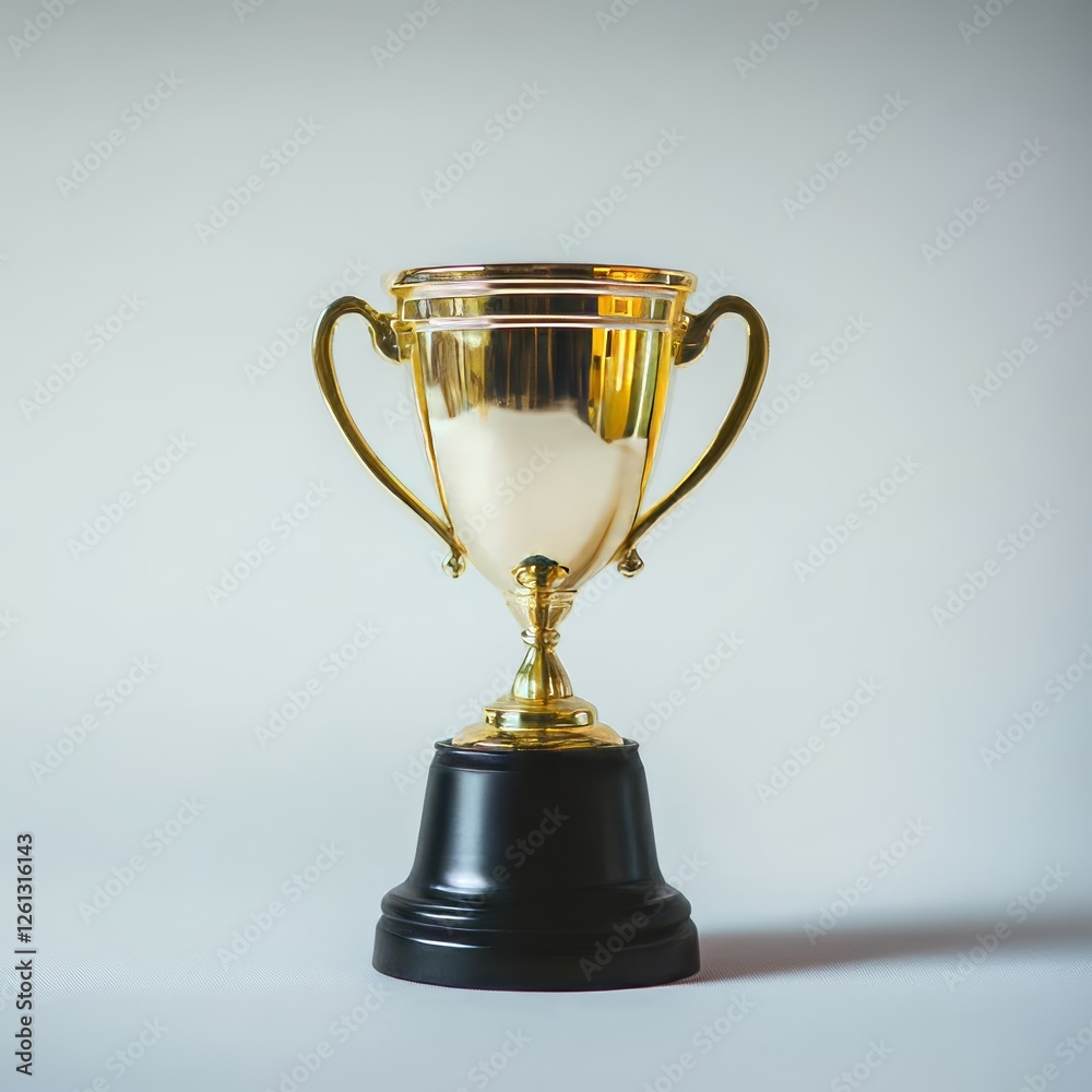 The trophy, made of gold and featuring two handles, is positioned upright on a black base, with a see-through background The trophy, made of gold and featuring two handles, is positioned upright on a black base, with a see-through background