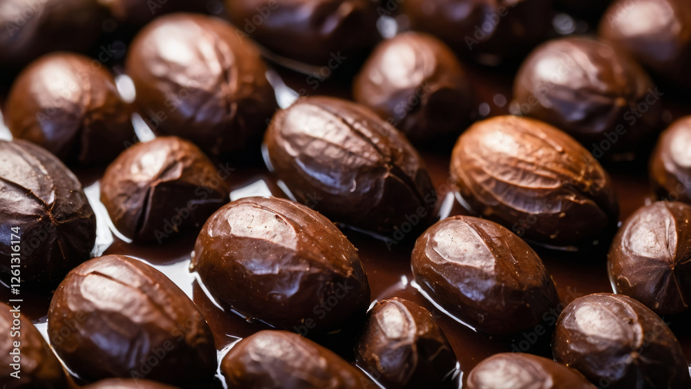 Cocoa beans and cocoa bean shaped chocolate candies close-up