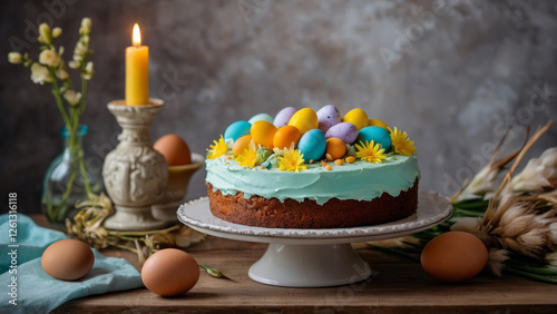 Obraz na płótnie Easter cake with flowers and eggs on festive Easter table. Easter celebration at home, gray background w salonie