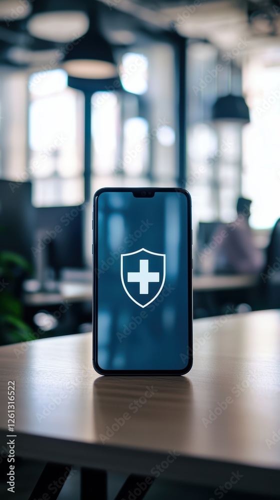 Smartphone with shield icon on minimalist desk in office setting