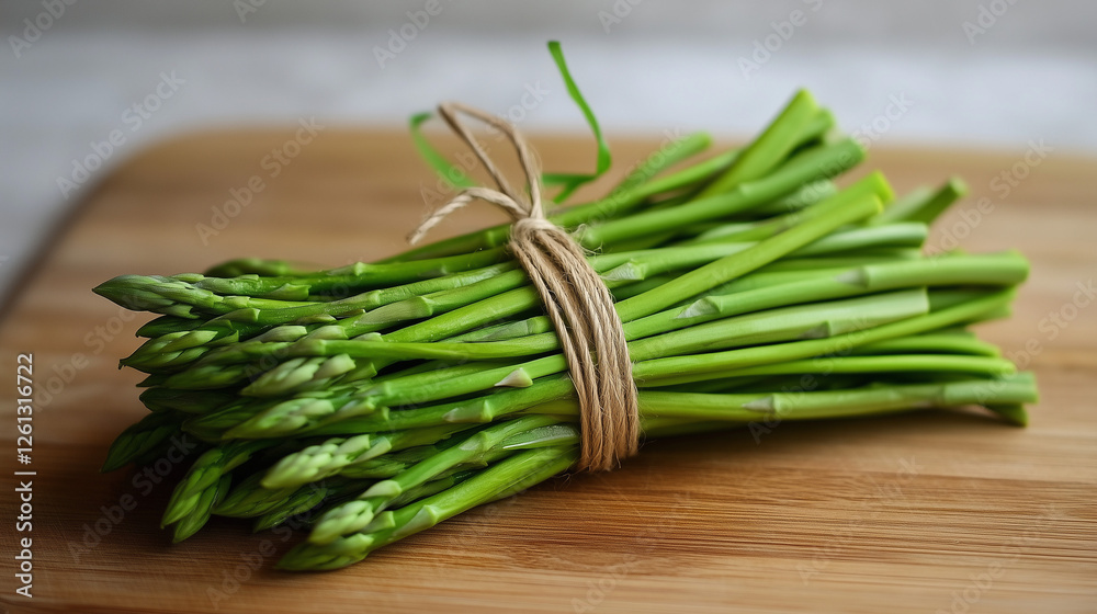 Fresh asparagus bundle tied with twine on cutting board Fresh asparagus bundle tied with twine on cutting board
