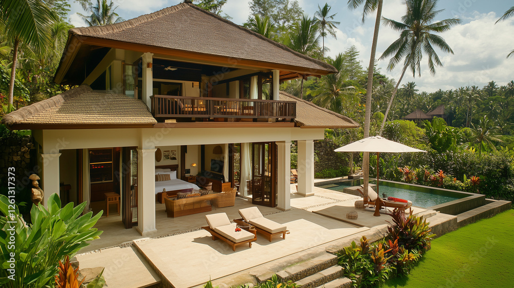 Fototapeta premium Traditional tropical villa with private pool surrounded by palm trees