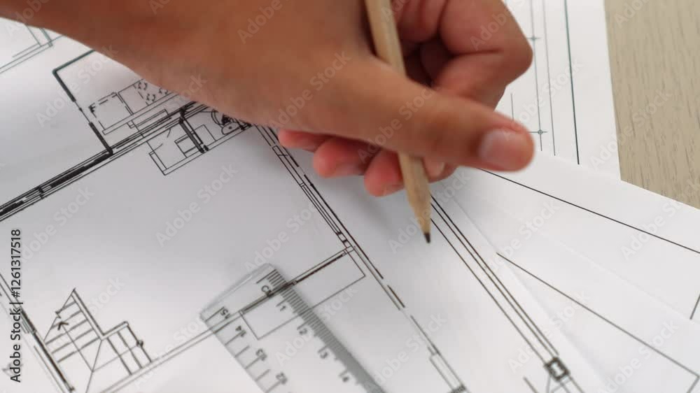 Video of clever architect or smart engineer using measurement tool and pencil hand design a detail on blueprint for construction accuracy at architectural office. Focus on hand. Closeup. Delineation.