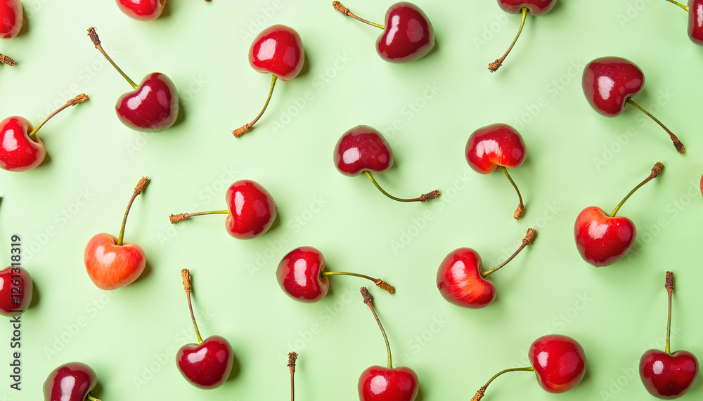 Seamless pattern of cherries against a pale green backdrop, showcasing natural beauty and vibrant colors for a fresh design concept. Seamless pattern of cherries against a pale green backdrop, showcasing natural beauty and vibrant colors for a fresh design concept.