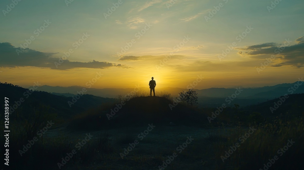 A person on a hilltop gazes out at a rich, diverse landscape, embodying the limitless prospects of an abundance mindset