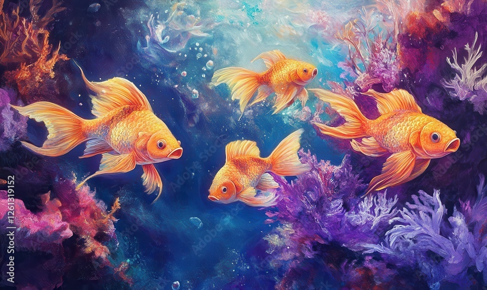 Fototapeta premium A lively group of orange fish swim through a coral reef colored in shades of purple and blue.