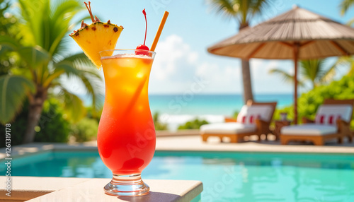 Tropical rum punch in hurricane glass with pineapple and cherry garnish, poolside cabana surrounded by lush palms, refreshing summer concept.