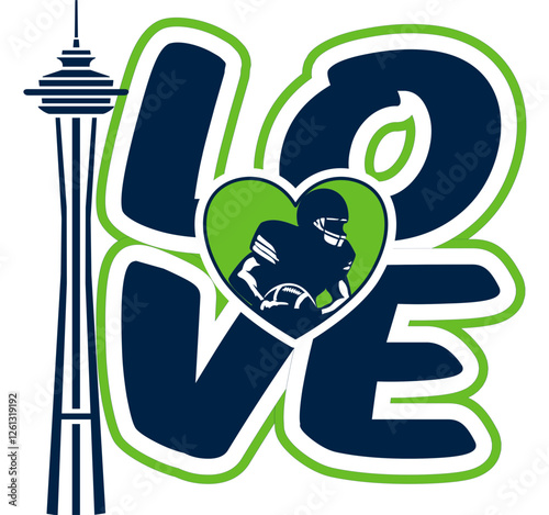 Love - Navy blue and neon green football player, sport vector graphics, hockey, for street art - graffiti lettering typography - art illustration - multicolor - writen		