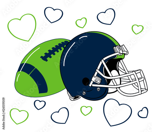 Navy blue and neon green football heart, player helmet and ball, sport vector graphics, hockey, for street art - graffiti lettering typography - art illustration - multicolor - writen		