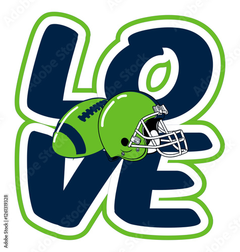 Love - Navy blue and neon green football player helmetand ball, sport vector graphics, hockey, for street art - graffiti lettering typography - art illustration - multicolor - writen		