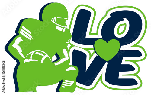 Love - Navy blue and neon green football player, sport vector graphics, hockey, for street art - graffiti lettering typography - art illustration - multicolor - writen		