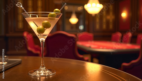 Vesper martini in a sleek glass garnished with olives, elegantly set on a polished table in a luxury casino, sophisticated indulgence concept. photo