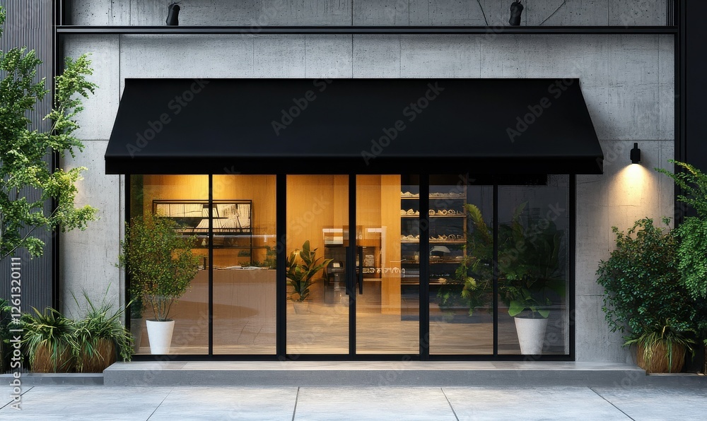 A modern retail space with a black awning and glass doors, appropriate for commercial or retail activities. A modern retail space with a black awning and glass doors, appropriate for commercial or retail activities.