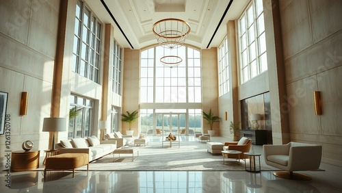 A spacious, high-ceiling interior featuring soft beige tones, gold accents, and elegant geometric fu