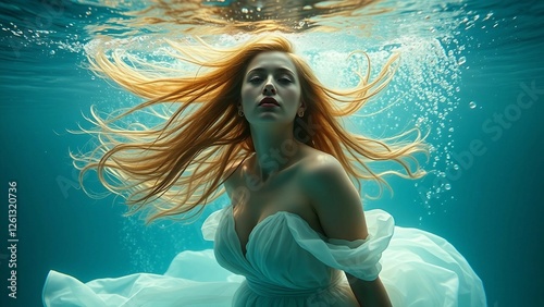 A surreal underwater portrait of a woman in a flowing dress, her hair billowing like waves, bathed i