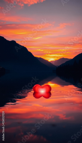 A shiny red heart floats on a calm lake, mirroring the sunset with mountains in the background, symbolizing love