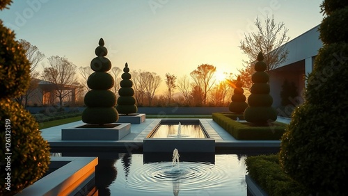A contemporary garden with sculptural topiary and minimalist water features, captured at sunrise as
