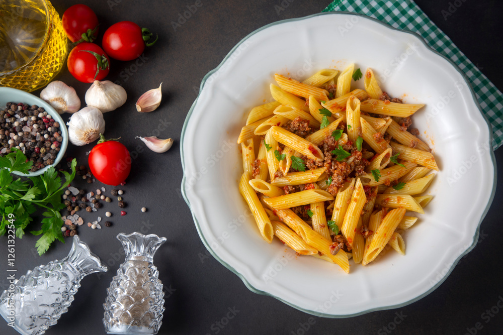Penne pasta with minced meat and tomato sauce