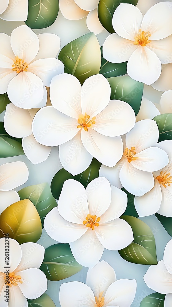 Fototapeta premium A delicate watercolor painting of jasmine flowers, symbolizing purity and grace, linked to the Horse zodiac sign. The soft colors and fluid brushstrokes evoke a sense of tranquility and freedom.