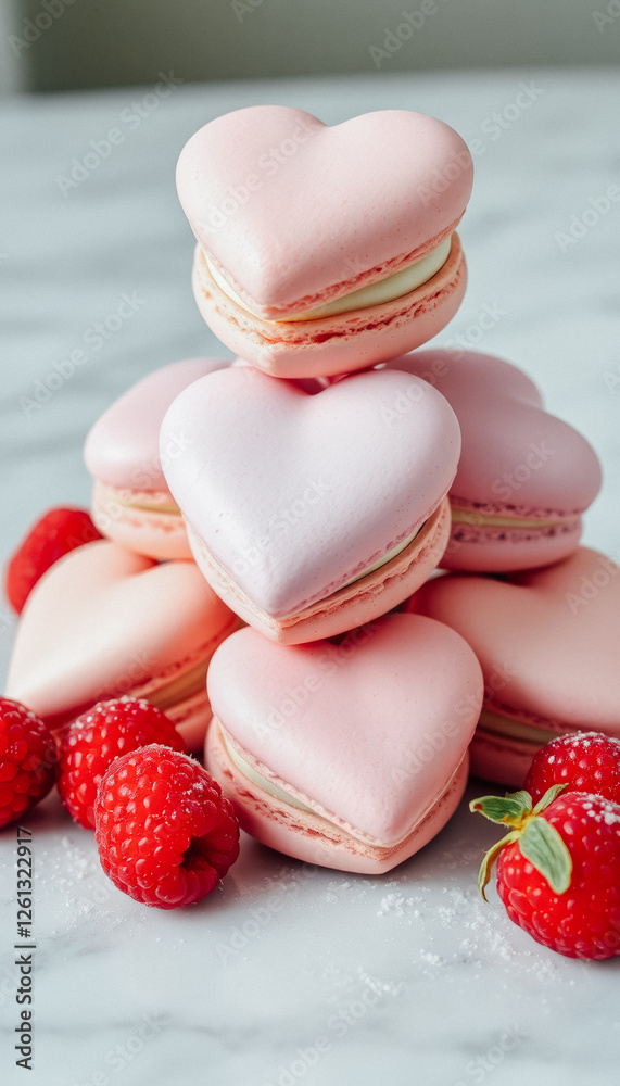 Delicate pink heart-shaped macarons stacked with fresh strawberries and raspberries on a marble surface Delicate pink heart-shaped macarons stacked with fresh strawberries and raspberries on a marble surface