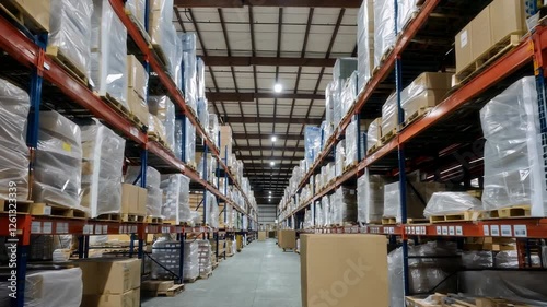 A spacious warehouse filled with neatly arranged boxes and pallets, showcasing inventory management.