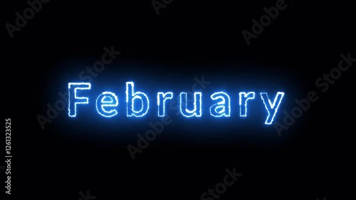 Neon February text animation on black background, February month neon line text concept, February neon looping animation, Blue neon glowing outline.