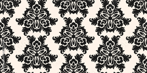 Abstract black and white vector background with curly shapes, swirls, floral elements. Luxury damask seamless pattern. Ornament texture in baroque, rococo, revival style. Repeating monochrome design
