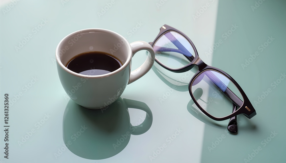 Cup of coffee with blue light blocking glasses on a glass surface for Caffeine Awareness Month.
