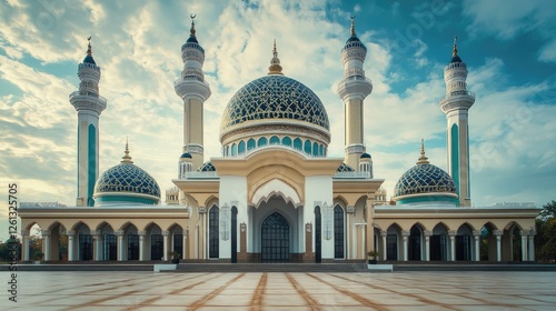 Majestic Islamic Mosque with Stunning Architecture and Blue Sky - Grand Mosque Exterior with Ornate Domes and Minarets, Perfect for Religious and Travel Themes