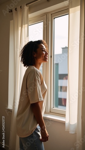 Free Download A young African-American woman looks out the window with joy and starts her day peacefully after a restful nights sleep - GFXLoad