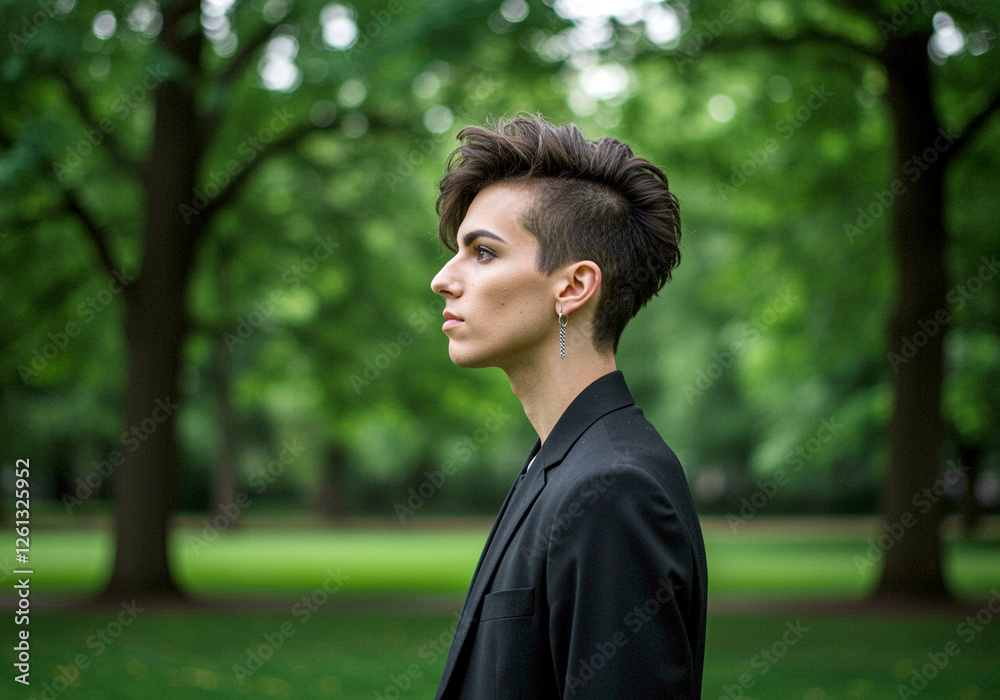Profile of person outdoors with short hair wearing black blazer in park with green trees and grass. Person profile in black blazer in the park Profile of person outdoors with short hair wearing black blazer in park with green trees and grass. Person profile in black blazer in the park