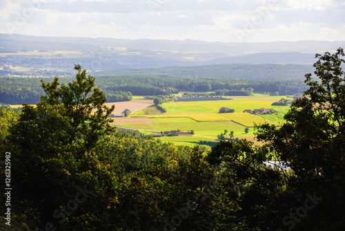 Scenic Mountain View Over Forest and Farmland with Distant Peaks