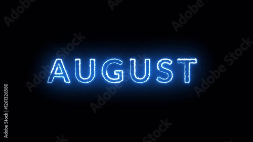Neon August text animation on black background, August month neon line text concept, August neon looping animation, Blue neon glowing outline.