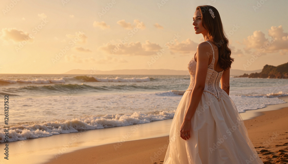 Bride gazing serenely at sunset by the beach, eternal love Bride gazing serenely at sunset by the beach, eternal love