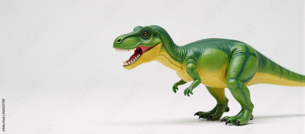 Naklejka premium A T-Rex toy open-mouthed against a white backdrop GreenYellow Dinosaurs
