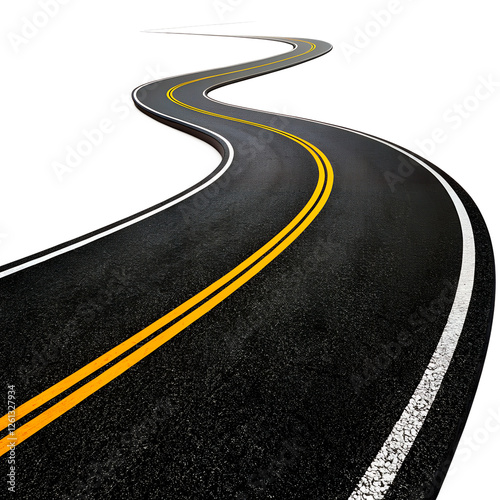 A road with a double yellow line smoothly curves over black asphalt. The perspective creates an infinity effect.