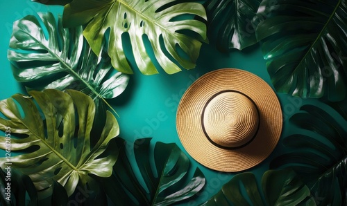 Capture the essence of tropical summer with a hat and monstera leaves on an emerald-hued background. photo